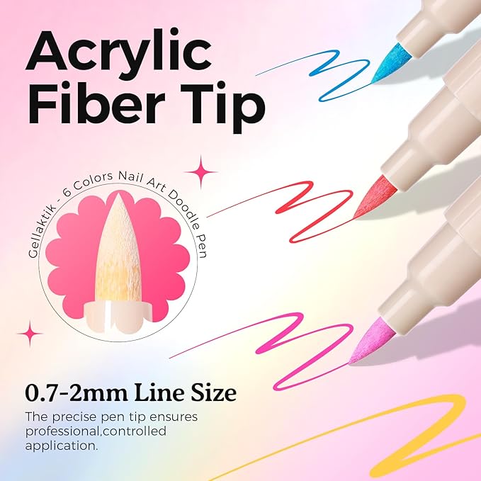 6 Colors Nail Art Pens Set, 3D Nail Polish Pens Quick-Drying Acrylic Paint Markers, Dotting Liner Brush for DIY Nail Design, Home & Salon Manicure Tools