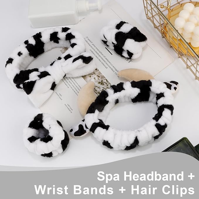 Canitor Cow Print Spa Headband and Wrist Bands Kit - Soft Makeup Headband Cute Cow Ears Skincare Set Gifts for Women Girls