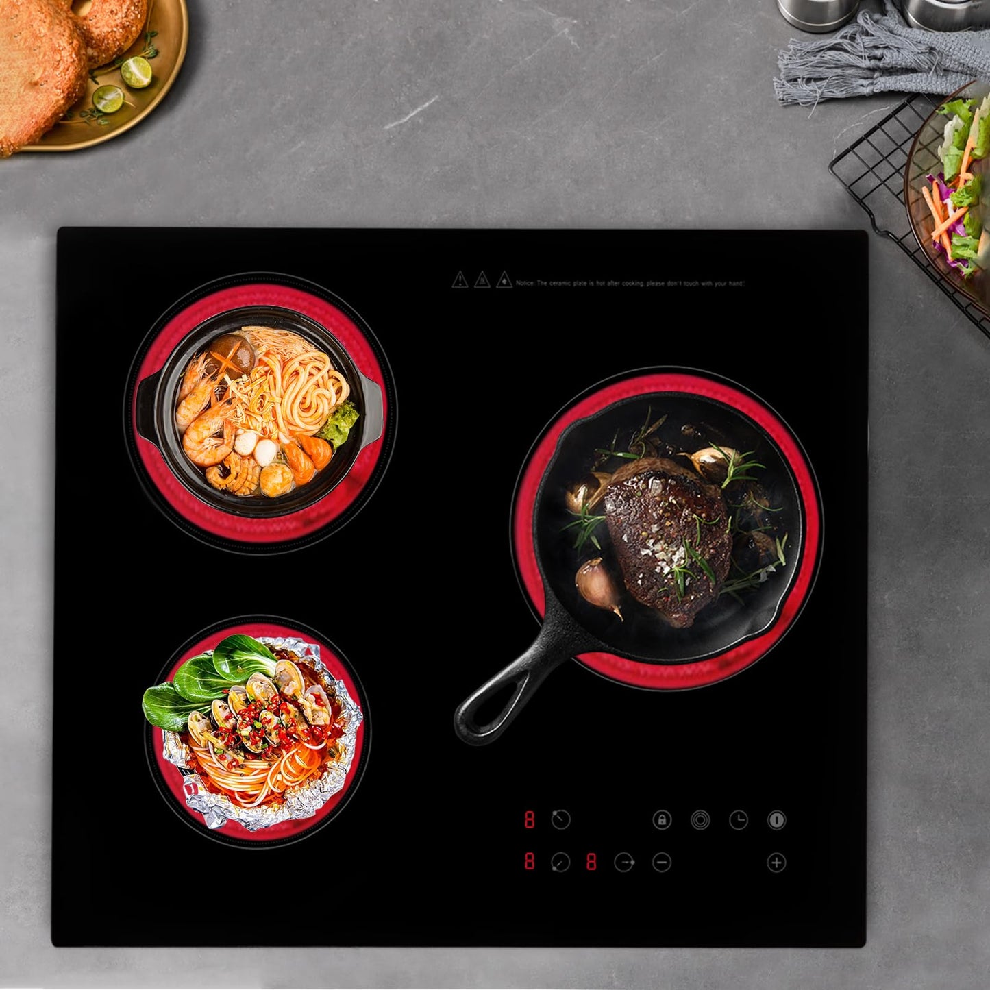 YUASDUU 2600W 110V Electric Cooktop 3 Burner, 23 Inch Portable Built-In Countertop Ceramic Stove Top Built-in Cooktop Sensor Touch Control with Safety Lock & Timer 9 Power Levels (NO PLUG)