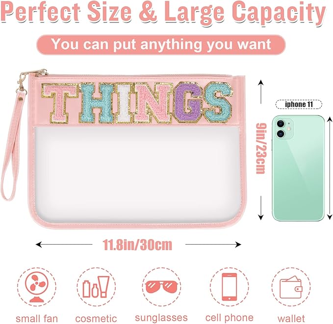 Chenille Letter Clear Bag Things Purse, Monogram PVC & PU Clear Zipper Pouch with Wristlet, Waterproof Portable Glitter Snacks Makeup Beach Pouch Toiletry Bag for Women Girls (THINGS-Pink)
