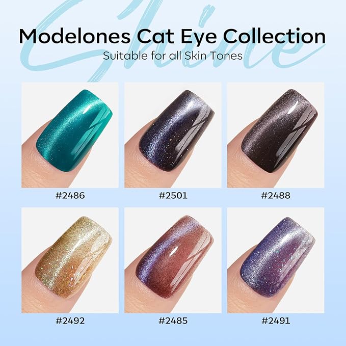 modelones Cat Eye Gel Nail Polish Set, 6 Colors 2026 Spring Summer Holographic 9D Glassy Cat Eye Glitter Gel Polish Set Black Blue Purple Green Nail Polish Kit W Magnet Soak Off LED Nail Art DIY Gift