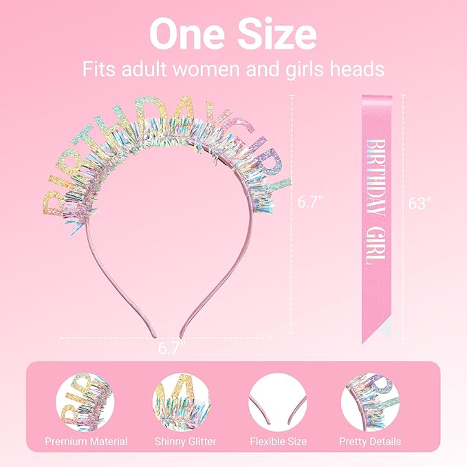Birthday Headband with Sash for Women, Birthday Crwon Tiara for Decorations