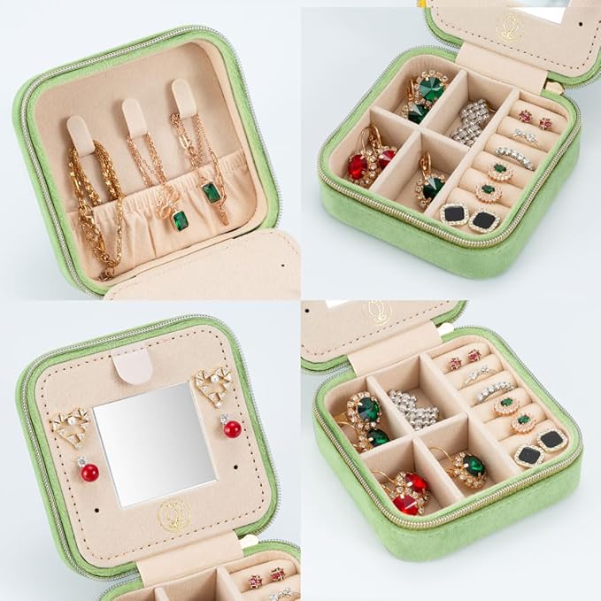 Plush Velvet Travel Jewelry Case, Travel Jewelry Organizer, Jewelry Travel Case, Travel Jewelry Box, Small Jewelry Case, Jewelry Travel Box, Earring Organizer with Mirror - LightGreen