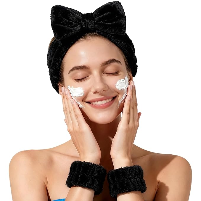 Fmeida Skincare Headband, Spa Headband for Washing Face,Wrist Bands and Hair Tie Black