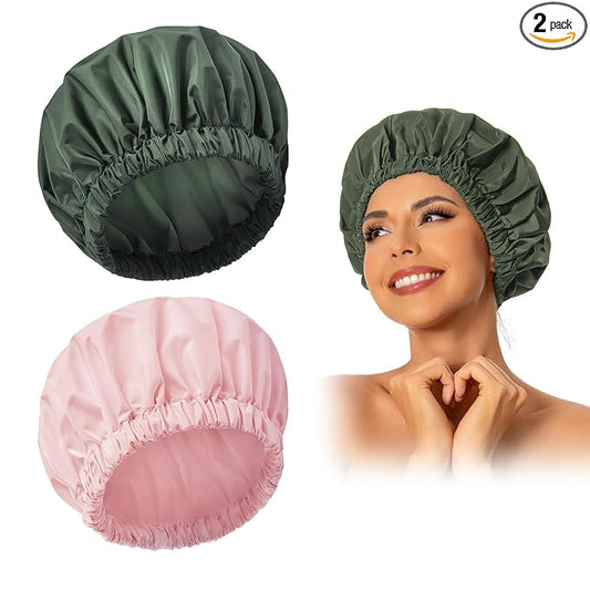 Reusable Shower Cap for Women, Large Waterproof Shower Bonnet with Elastic Band, Washable Bath Hair Cap for Long, Curly Hair, Braids, Daily Shower, Home Spa, Travel(Pink&Green)