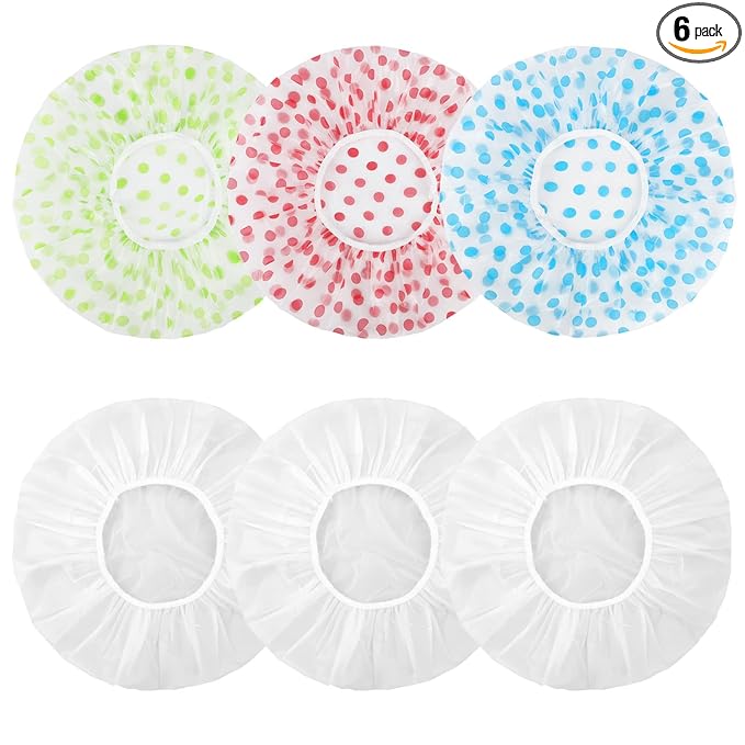 6 Pcs Shower Caps, Waterproof Bath Caps Plastic Reusable Shower Caps Elastic Band Bath Hair Caps for Women Kids