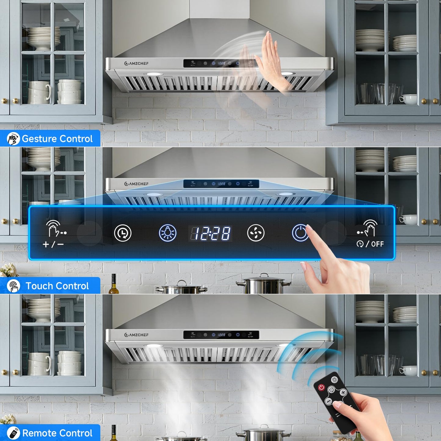 AMZCHEF Wall Mount Range Hood 30 inch: 1050 CFM Stainless Steel Kitchen Stove Vent Hood with 3 Speed Exhaust Fan, Touch/Remote/Gesture Control Kitchen Exhaust Fan with Dishwasher-Safe Baffle Filters