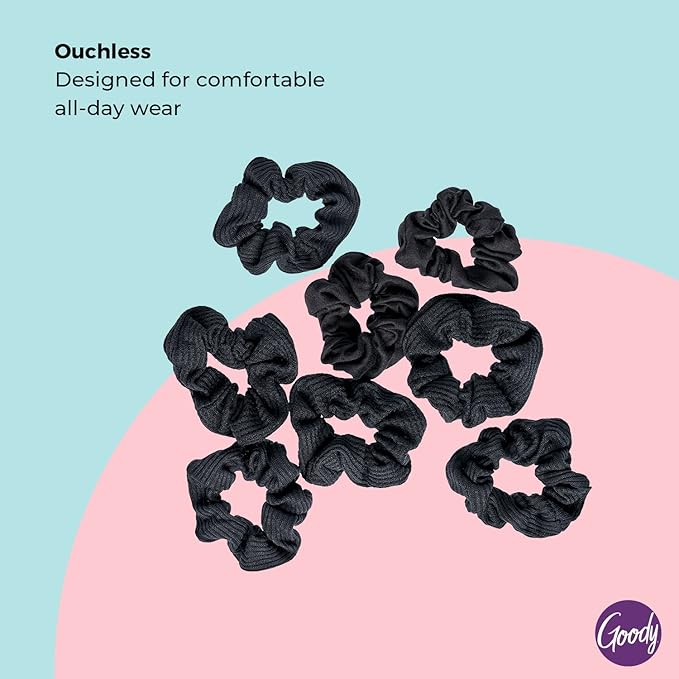 Goody Ouchless Jersey Scrunchies, 8 Ct, Black, Damage-Free, Dentless & Secure Hold Ties, Gentle Hair Accessories for Women & Men, All Day Comfort, All Hair Types