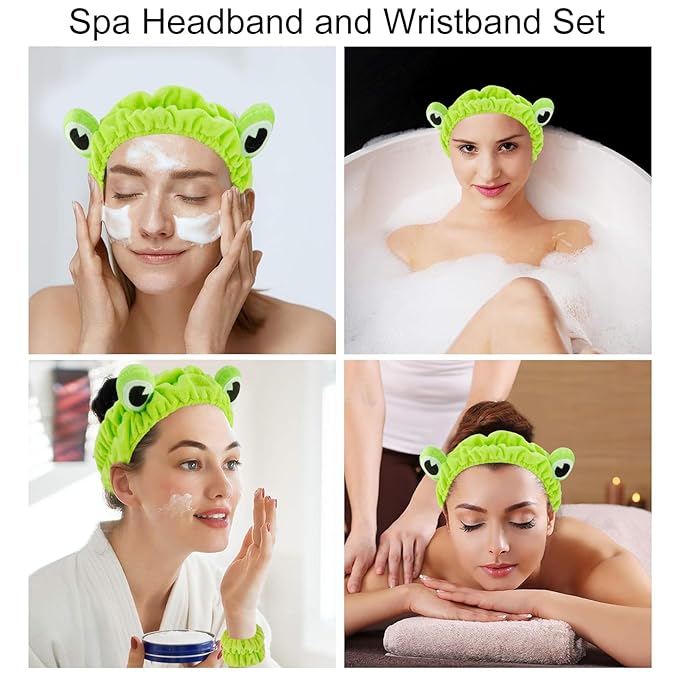 Skincare Headband Frog - 6pcs Set: 2 Green Frog Headbands for Skincare & 4 Wristbands for Washing Face - Non-Slip, Adjustable, Soft Microfiber, Warm Gift for Women, Girls