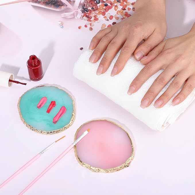 Pengxiaomei 2 Pcs Resin Green Pink Nail Art Palette, Nail Polish Palette Nails Tools Gold Edge Nails Supplies Easter Gifts for Women Easter Basket Stuffers