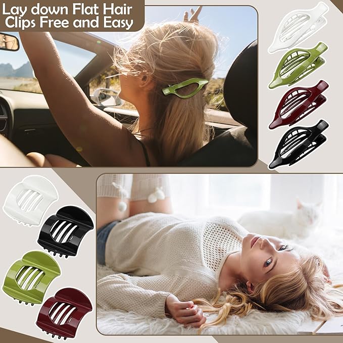 8 Pcs Christmas Flat Hair Clips for Women, 2 Styles French Flat Claw Clips Large Strong Hold Lay Down Claw Clips for Thick Thin Hair(Red Green)