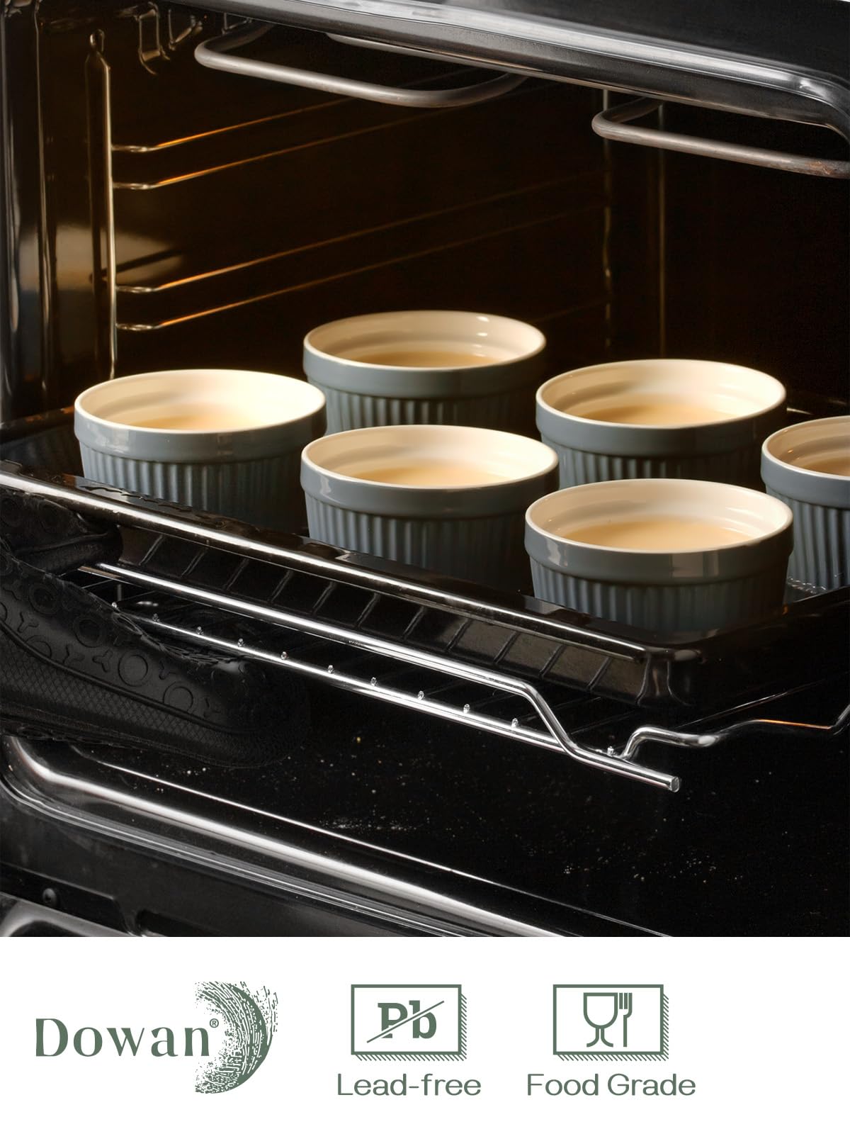 DOWAN 8 oz Porcelain Ramekins Bowls for Souffle, Creme Brulee, Classic Style Ramekins for Baking Oven Safe, Set of 6, Airy Blue