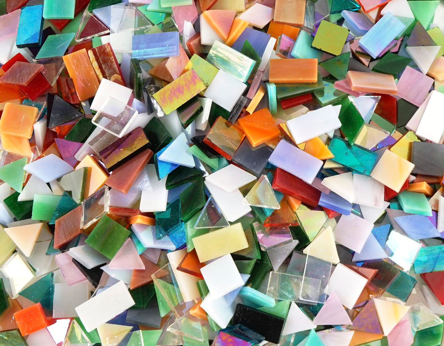 Lanyani Iridescent Glass Mosaic Tiles Bulk, 4-Shapes 700 Pieces Sparkle Iridized Stained Glass Tile for Mosaic Crafts