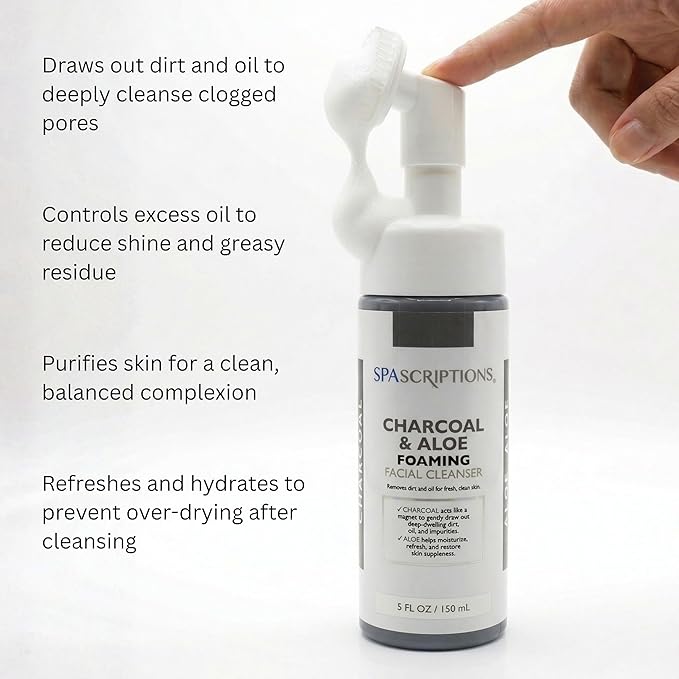 SpaScriptions 2 in 1 Cleanse & Exfoliate Foaming Facial Cleanser - Charcoal & Aloe Face Wash with Silicone Brush for Deep Cleansing & Oil Control with Hydration Support for Daily Cleansing, 5 oz