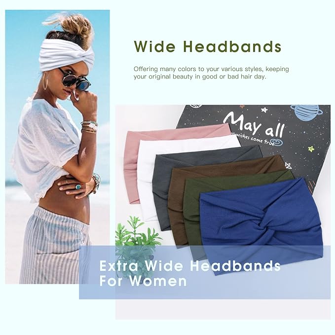 Tobeffect 7'' Extra Wide Headbands for Women, Large Thick Turban Head Wrap Headband, Boho Bandana Head Bands for Women's Hair, Non Slip Workout Yoga Hairband Hair Accessories, 6 Pack