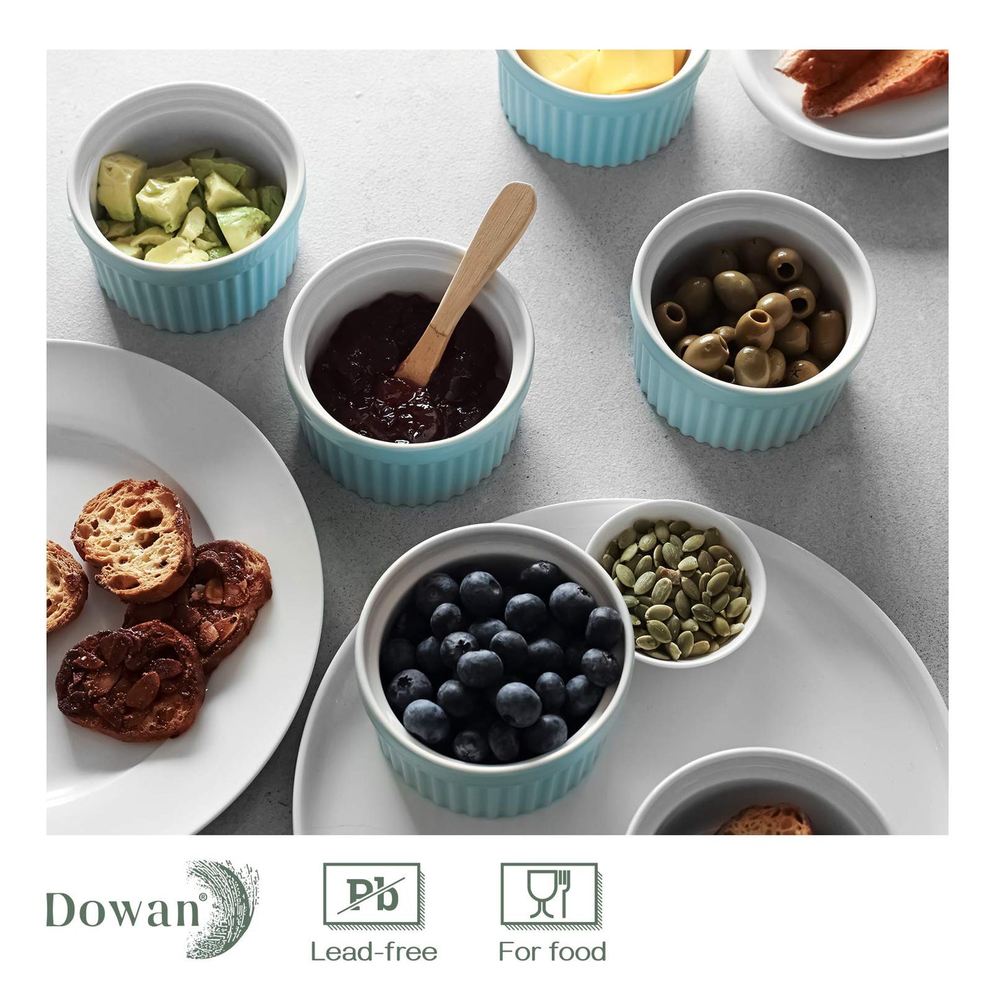 DOWAN 10 oz Porcelain Ramekins - Oven Safe for Creme Brulee & Souffle, Classic Style Baking Bowls, Set of 6, Blue