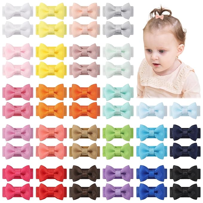 yoyokid 50PCS Baby Girls Snap Hair Clips, 1.2" Grosgrain Ribbon Tiny Hair Bows Clips for Baby Girls Toddlers Infant Fine Thin Hair (25 Colors in Pairs)
