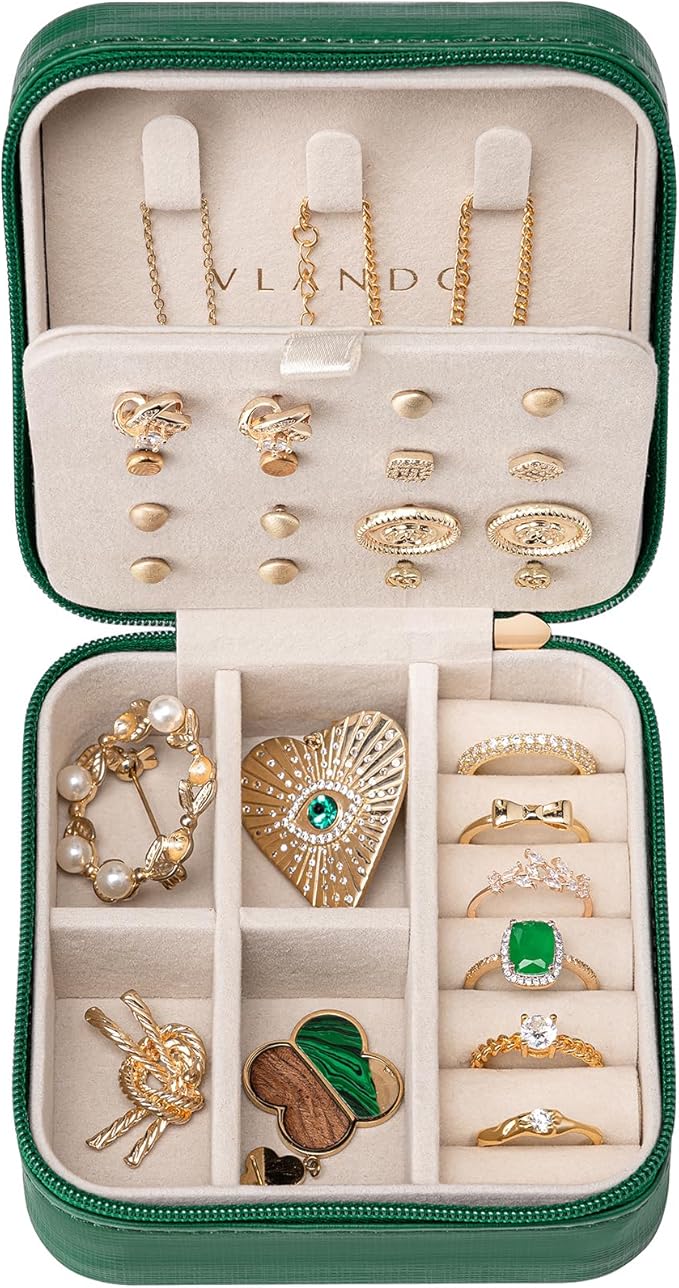 Vlando Travel Jewelry Case, Small Travel Jewelry Organizer Box for Girls Women - Dark Green