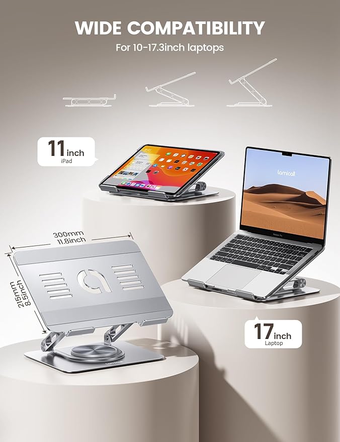 Lamicall Adjustable Laptop Stand for Desk - 360 Rotating Base Ergonomic Computer Stand, Aluminum Laptop Riser for Mothers Day fits MacBook Neo Air Pro, HP, Office Desk Accessories (10-17.3'') -Sliver