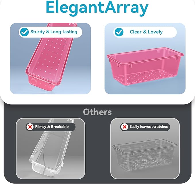 12 PCS Drawer Organizer Set, 4 Sizes Tool Storage Trays, Clear Plastic Makeup Vanity Organizer and Storage Bins for Stationeries, Multiple Gadgets for Office, Bedroom, Pink