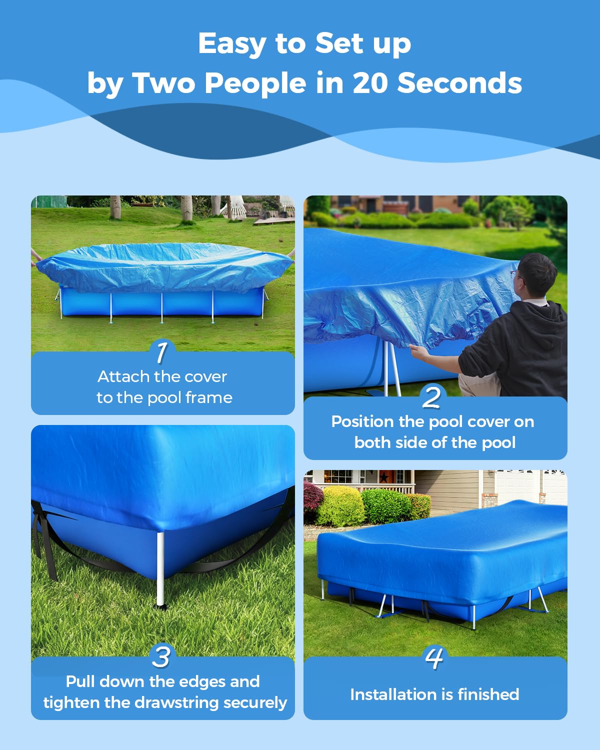 Reinmoson Rectangle Pool Covers for Above Ground Pools Fits 12’ x 7’ to 15’ x 8’ Pools, Rectangular Inflatable Pool Cover with Elastic Edge & Integrated Drawstring for Bestway/Intex/Coleman Pool