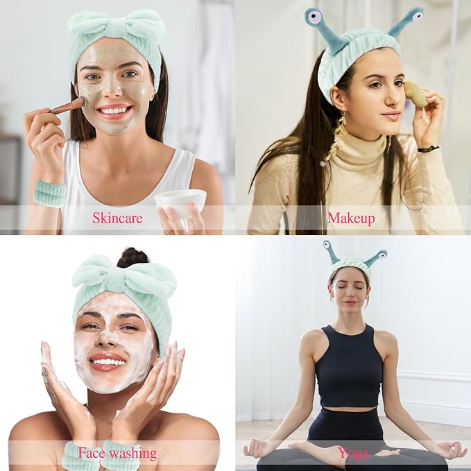 Spa Headband and Wristband Set Skincare Makeup Headband Bowknot Snail Headbands Wrist Bands for Washing Face Cute Animal Face Wash Head Band for Women Girls (Green)