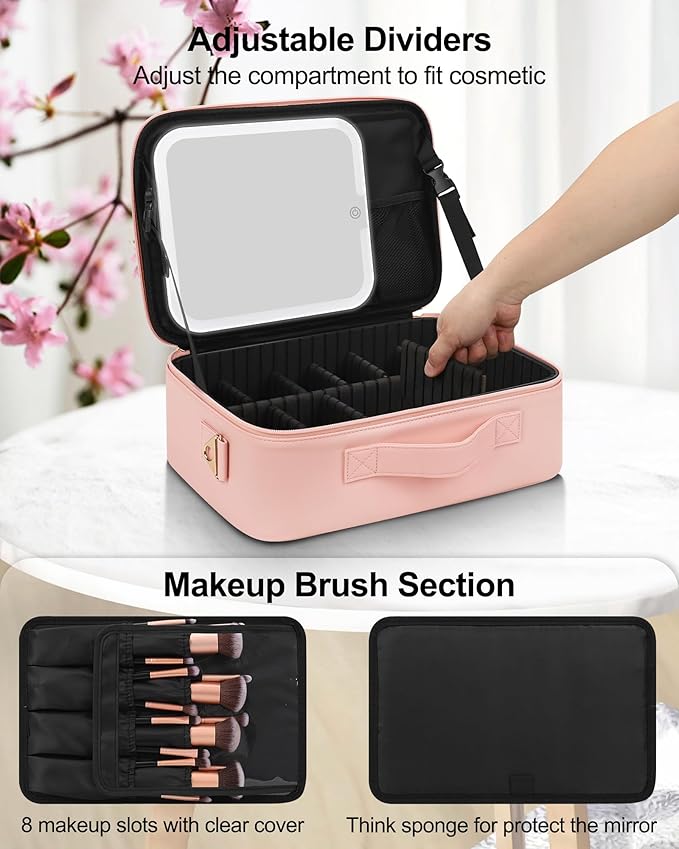 Relavel Travel Makeup Bag With LED Mirror, Portable Cosmetic Bag Organizer with Adjustable Brightness in 3 Color Scenarios, Small Cute Train Case with Detachable Dividers for Trip- Pink Strip