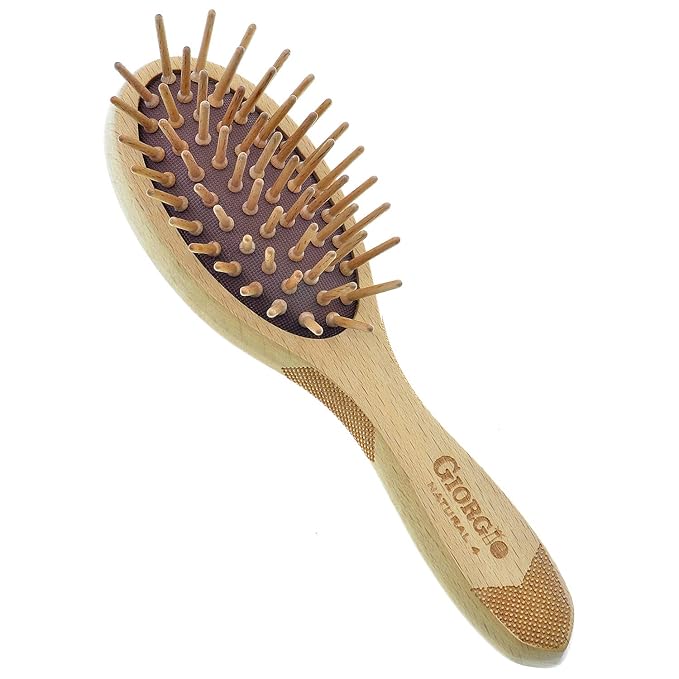 Giorgio Eco Friendly Wooden Bristle Hairbrush - Small Detangling Brush and Hair Growth Brush for Thick or Long Hair - Oval Paddle Hair Brush Made with Anti Static Beechwood, Silicone Massage Cushion