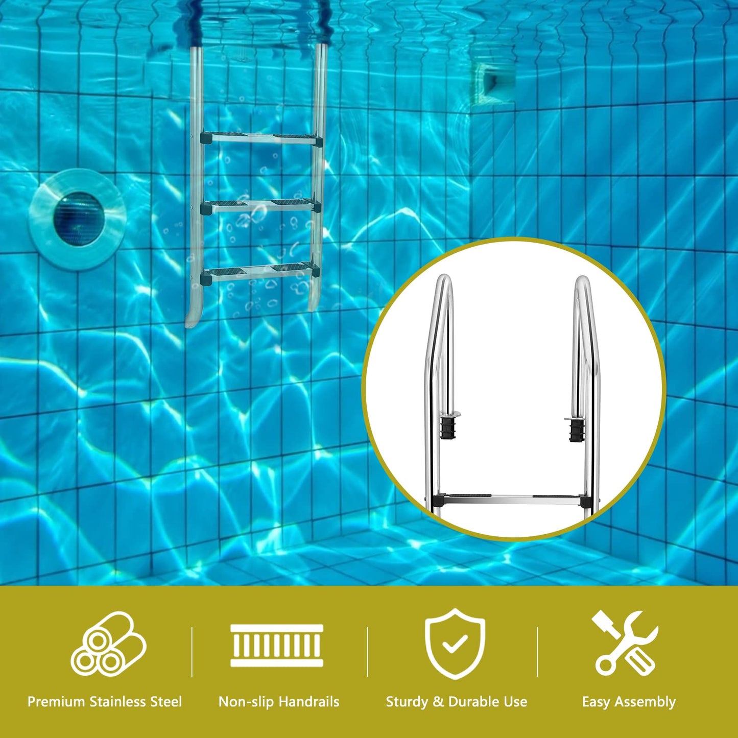 IRONMAX Swimming Pool Ladder, 3-Step Heavy Duty Stainless Steel Pool Stair w/Non-Slip Steps, Easy to Install, Pool Ladder for Inground Pools, Gym & Water Park, 265 LBS Weight Capacity
