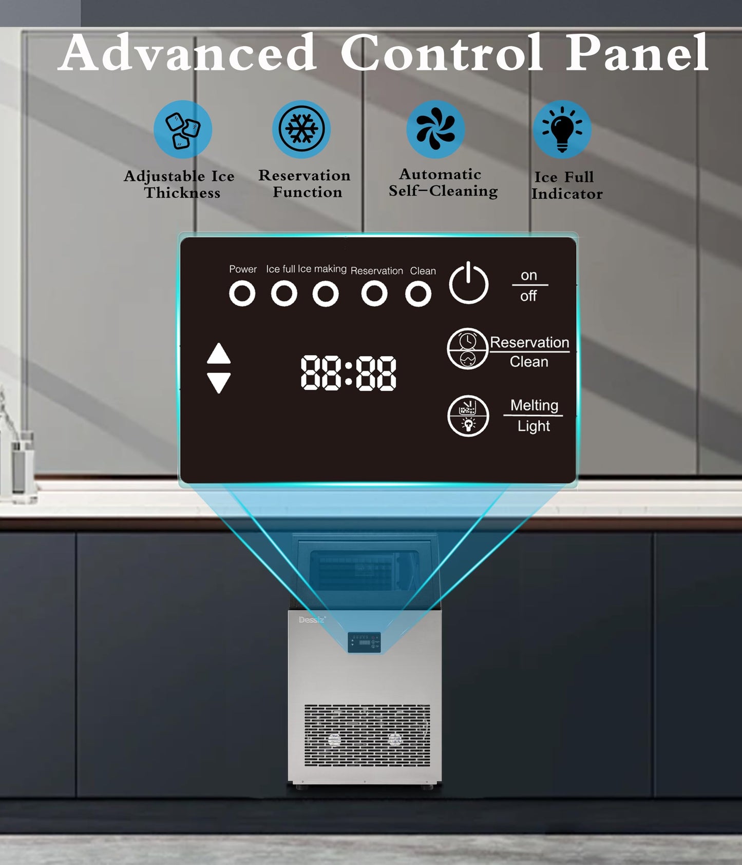 Dessiz Commercial Ice Maker, 130Lbs/24H 40Lbs Storage, 55Pcs Clear Ice in 8-15Mins, Under Counter Stainless Steel Ice Machine with Self-Cleaning & Blue Light, Quiet for Home Bar Restaurant Party