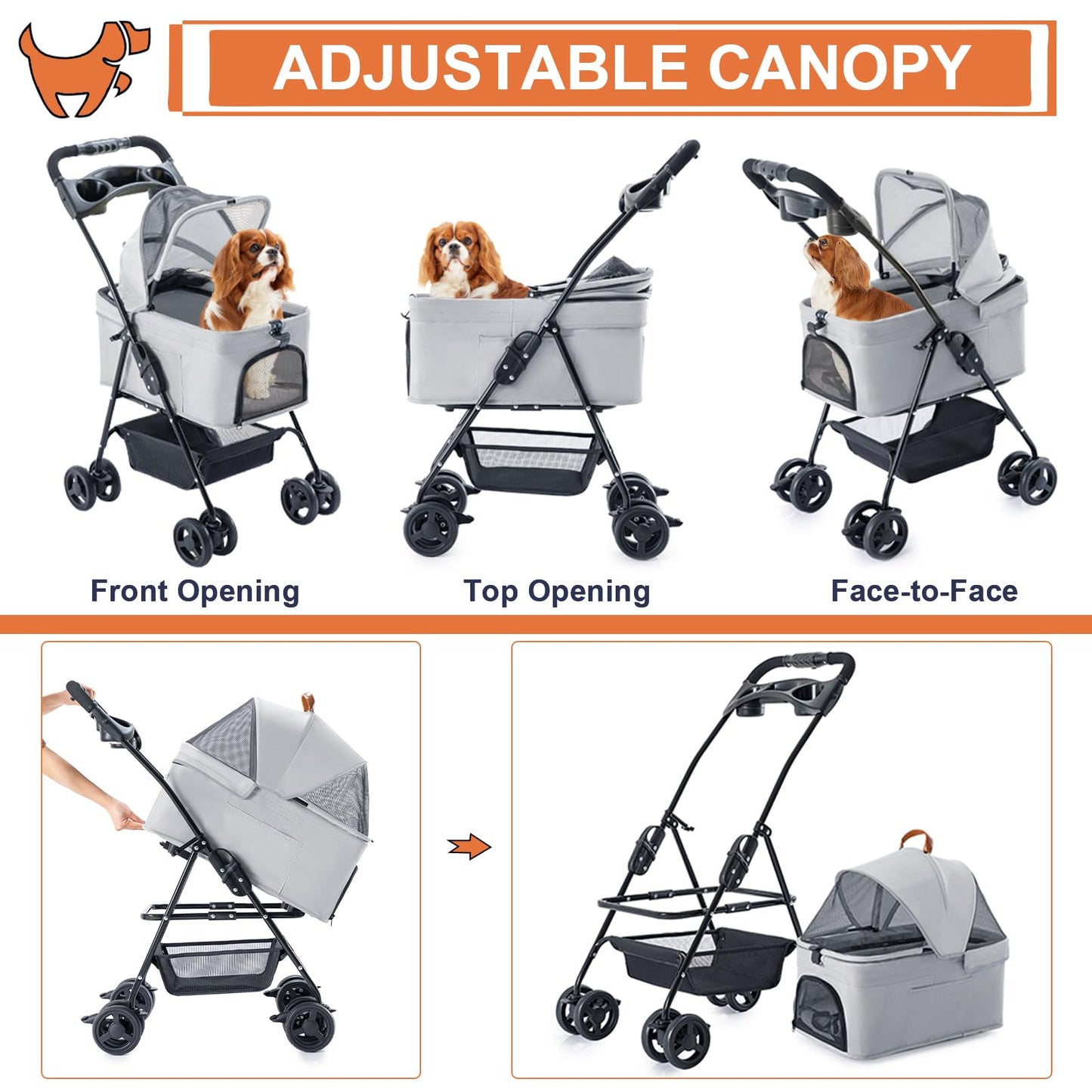 LPOTIUS 3-in-1 Pet Stroller for Small Dogs and Cats, Folding Lightweight Dog Stroller with Detachable Carrier Portable Cat Puppy Jogging Stroller with Cup Holder and Storage Basket, 4 Wheels