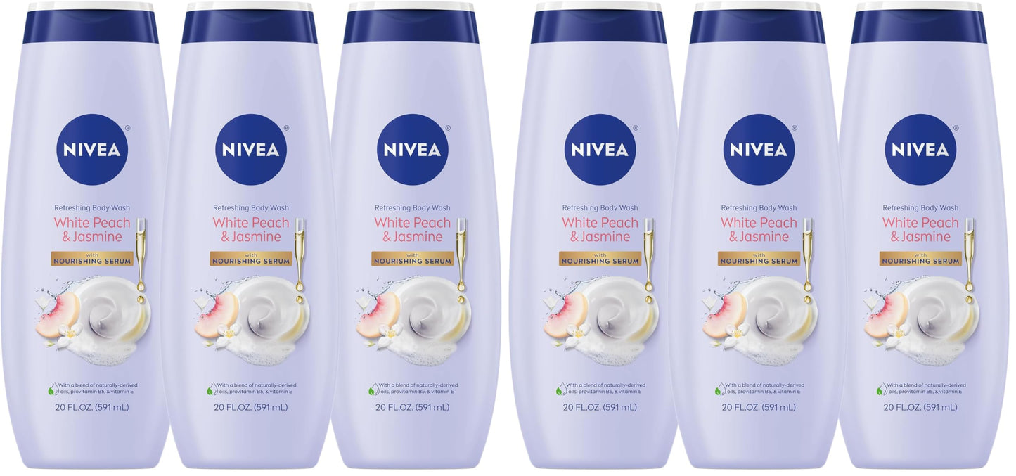 NIVEA Refreshing White Peach and Jasmine Body Wash with Nourishing Serum,Scented Body Wash for Women,Enriched with Provitamin B5 and Vitamin E,20 Fl Oz Bottle,(Pack of 6)