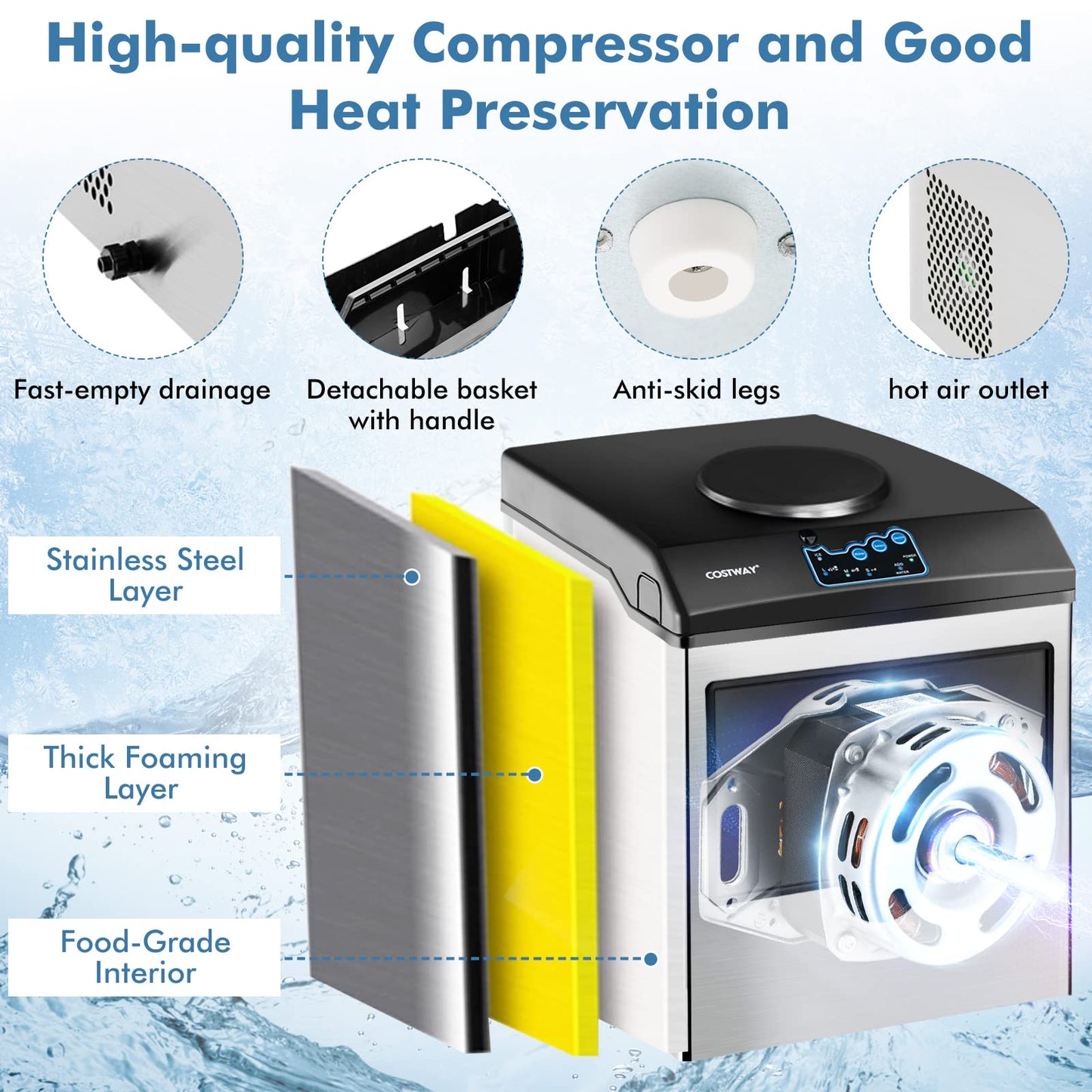 COSTWAY 2 in 1 Countertop Ice Maker Built-in Water Dispenser, 48LBS per Day, S/M/L Size Ice Cube, 5LBS Ice Storage Basket, Fast 6 Mins, Stainless Steel Ice Machine with Extendable Chilled Water Spout
