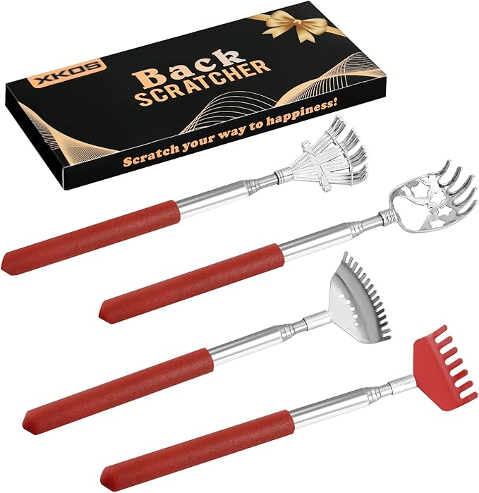 XKOS 4 Pack Different Back Scratcher Portable Telescoping with Rubber Handles, Extendable Metal Back Massager Tool with Beautiful Box, Stocking Stuffers for Men Women Adults (Red)