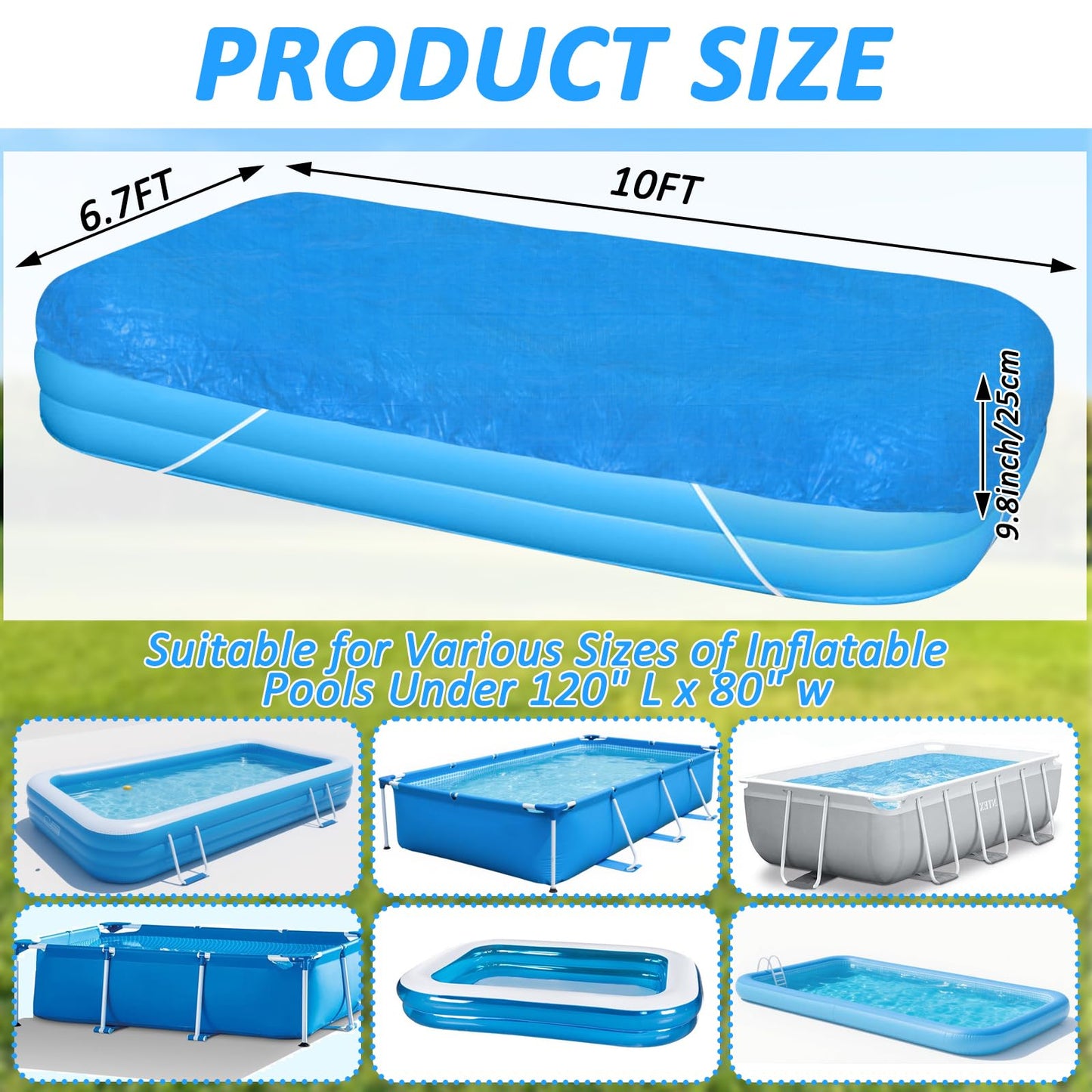 6.7 × 10 FT Rectangular Pool Cover,Inflatable Swimming Pool Cover Fits Under 120"x80" Above Ground Pools,Rectangle Above Ground Swimming Pool Cover with Adjustable Drawstring