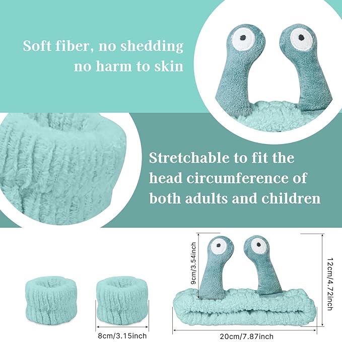Snail Face Wash Headband Skincare & Wrist Bands for Washing Face Set Cute Spa Headband for Women and Wrist Faces Wash Bands for Shower, Facial Cleaning, Soft Coral Fleece Makeup Headbands,Green