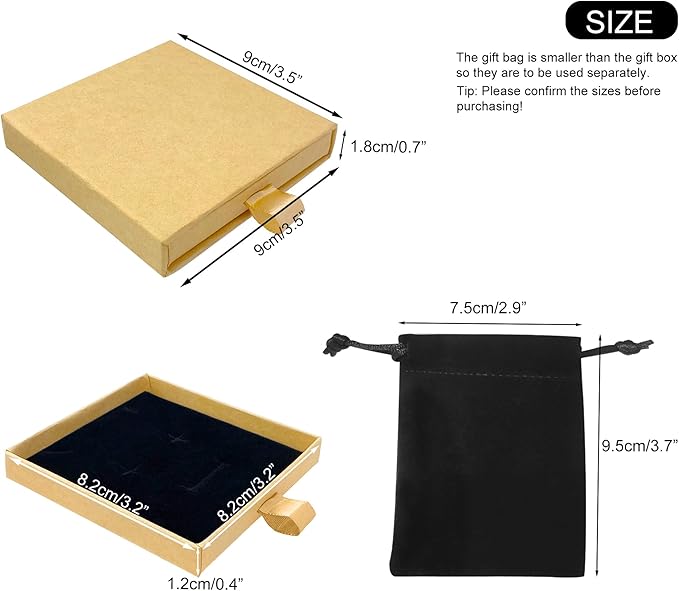 Small Jewelry Gift Box and Velvet Bag, Necklace Bracelet Earring Cardboard Organizer Square Jewellery Gift Box Pendent Storage Case for Birthday Xmas Christmas Wrapping (Light Brown)