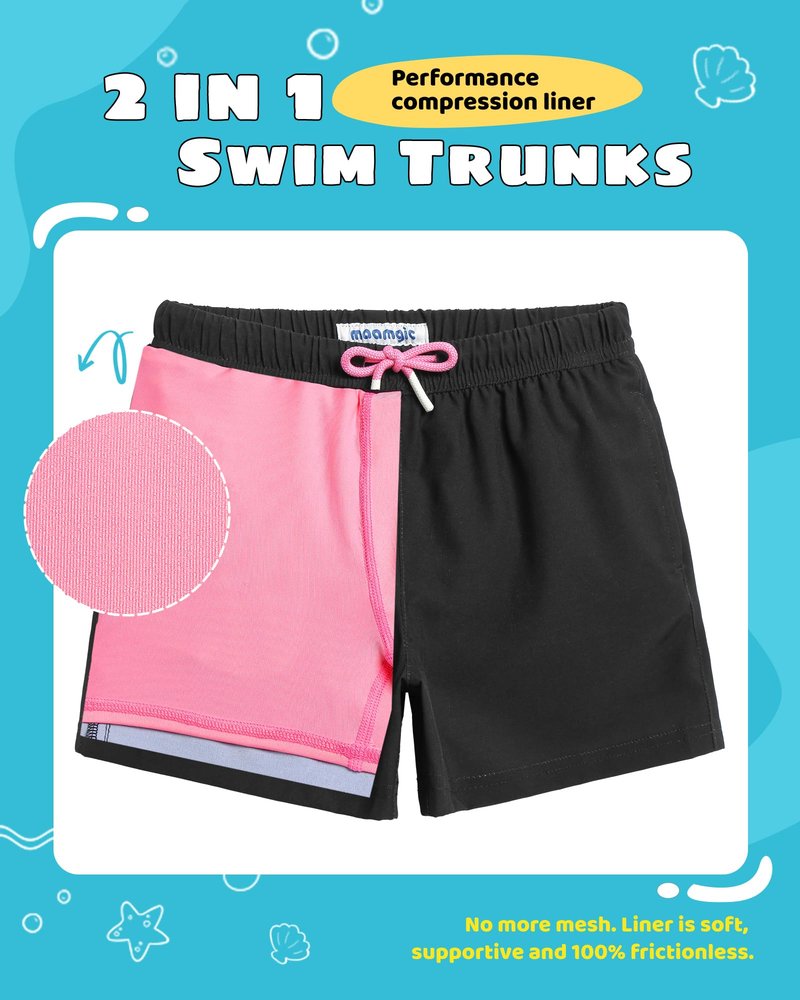 maamgic Boys Swim Trunks with Compression Liner Toddler Stretch Swim Shorts Quick Dry Swimming Trunks Boxer Brief 2 in 1 Beach Shorts Black Pink 4T