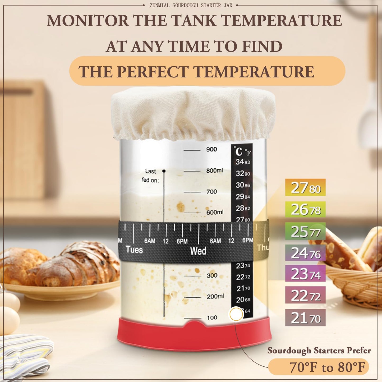 zunmial Sourdough Starter Jar, 35OZ Glass Sourdough Jars Wide Mouth With Red Silicone Cap, Sourdough Starter Kit with Date Marked Feeding Band, Thermometer, Cloth Cover