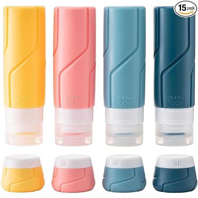 MODENGKONGJIAN Travel Bottles for Toiletries,TSA Approved Silicone Squeezable Travel Shampoo Bottles, 3oz Leak Proof Refillable Toiletry Cosmetic Containers （15 Pcs/Colorful）