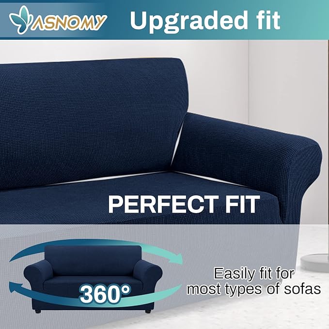 Asnomy Sofa Covers for 2 Cushion Couch Stretch loveseat Covers Slipcovers, Pet Protector Furniture Covers for Dogs Cats Spandex Jacquard Fabric Small Checks （Medium， Navy Blue）