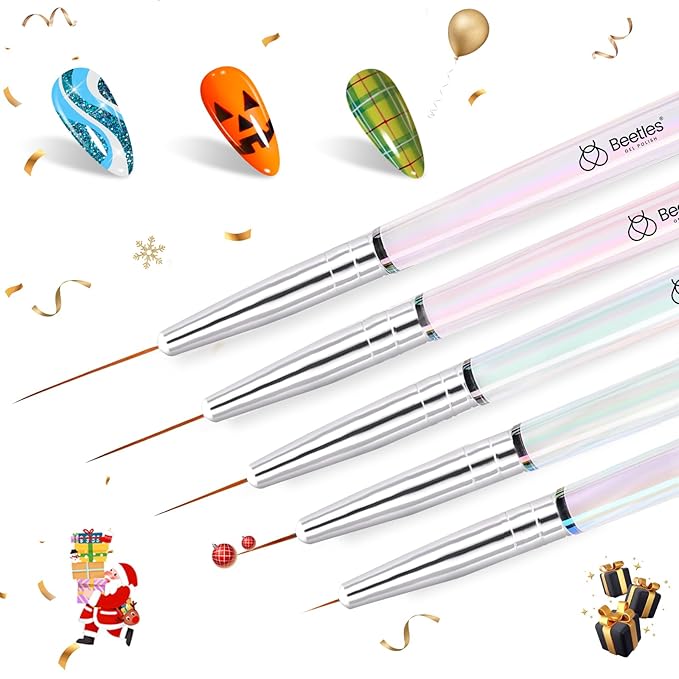 Beetles Nail Art Pens Brushes, 5pcs Nail Art Liner Brushes Set Painting Nail Dotting Drawing Tool for Long Lines, Details, Fine Drawing Sizes 7/11/15/20/25mm Gift for Women