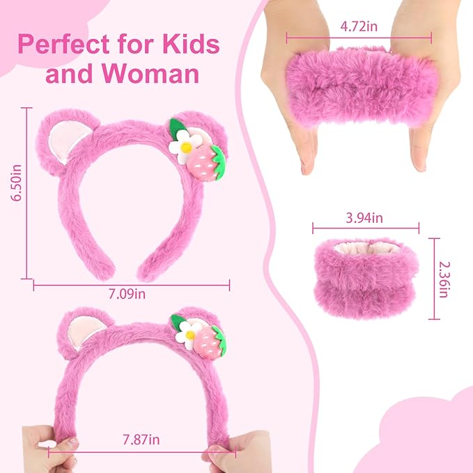CAVETEE Hairband, 3 Piece Pink Bear Ears Makeup Headband for Women, Spa Cosmetic Elastic Headband and Wristband Set for Women Girl Wash Face Skincare Makeup Shower Spa