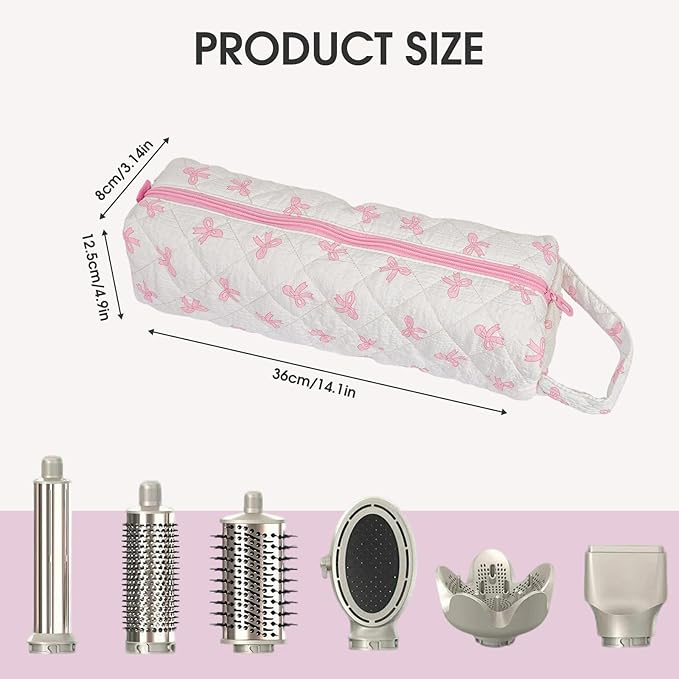 2PCS Portable Quilted Hair Tools Travel Bag for Curling Irons, Flat Irons, Hair Dryers & Styling Tools, Cosmetic Bag, Travel Case for Dyson, Shark Airwrap, Revlon, Pink Bow&Leopard