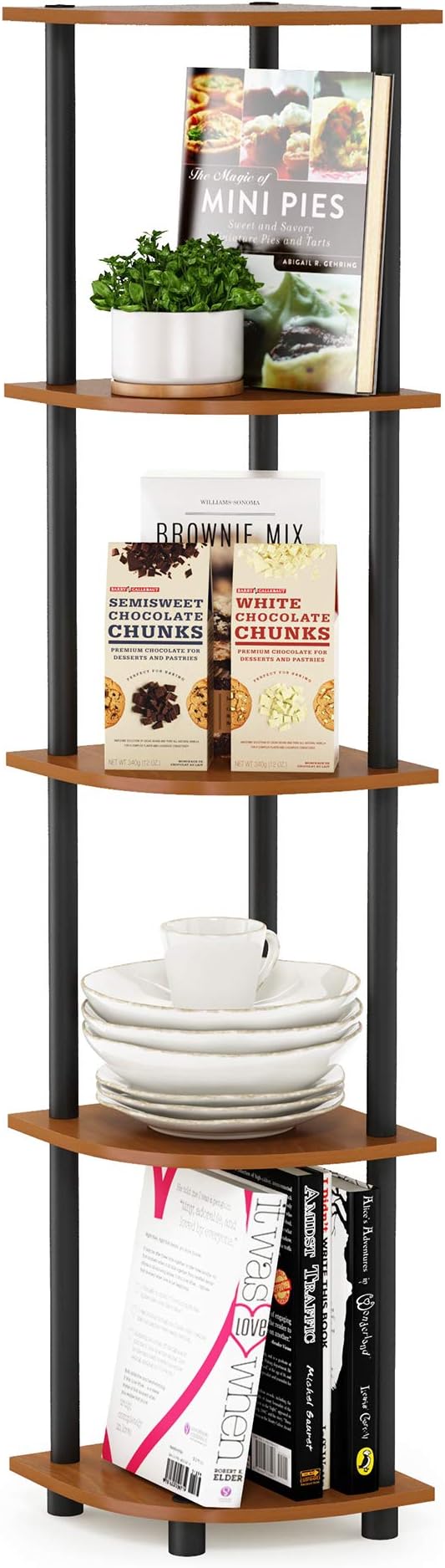Furinno TURN-N-TUBE Corner Shelf, 5-Tier Corner Bookshelf, Open Storage Shelves, for Organization and Storage, Living Room, Home Office, Garage, Bedroom, Light Cherry
