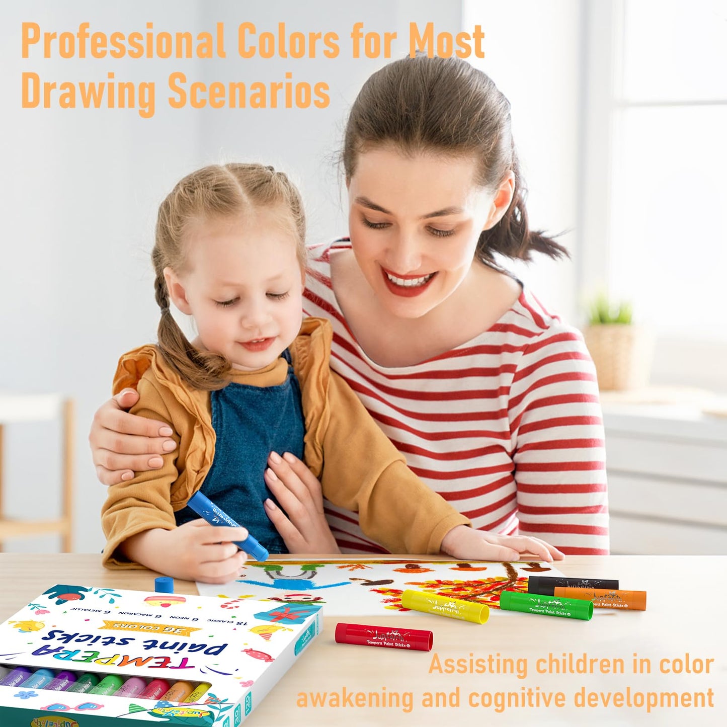 JUPITEARTH Paint Sticks for Kids 36 Colors, Quick Drying, Smooth, Non-Toxic and Washable Solid Tempera Paint Sticks with 120 PDF Coloring Pages and 30 Stickers, Toddler Art Supplies for Drawing