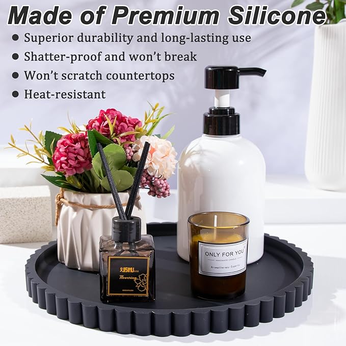 HighHerz Silicone Bathroom Countertop and Vanity Tray-10 Inch Round Silicone Bathroom Tray, Modern Bathroom Decor, Coffee Table Decor, Decorative Tray for Candle, Perfume, Plants (Black)