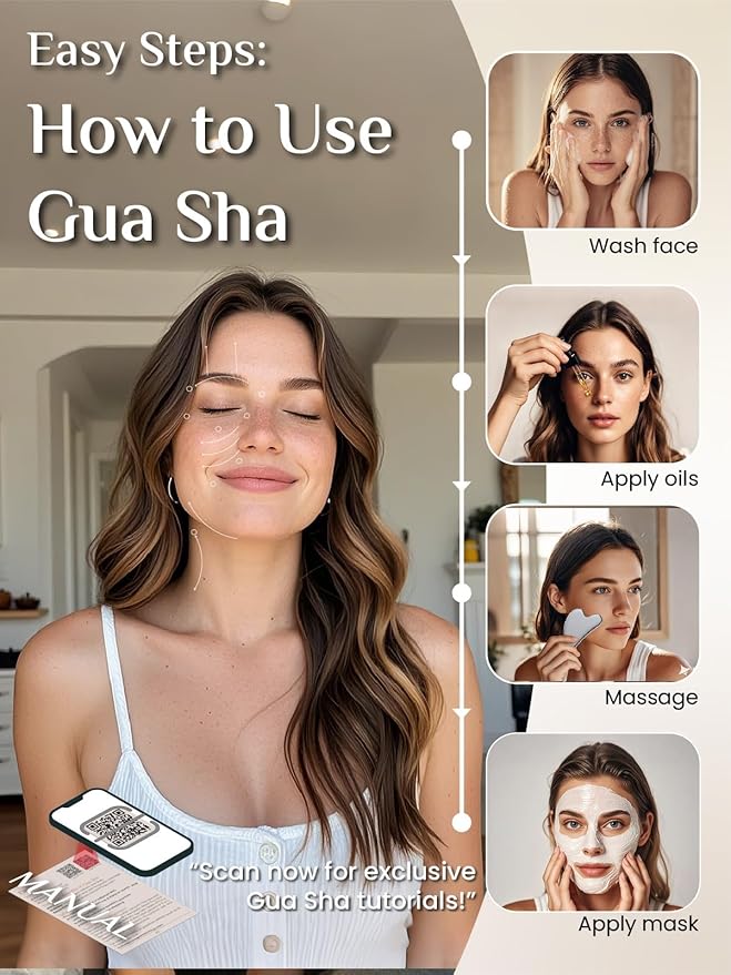 Rena Chris Gua Sha Facial Tools: Natural Terahertz Guasha Tool for Face Acupuncture Therapy, Facial Massager for Jawline Sculpting and Puffiness Reducing (Silver-Gray)