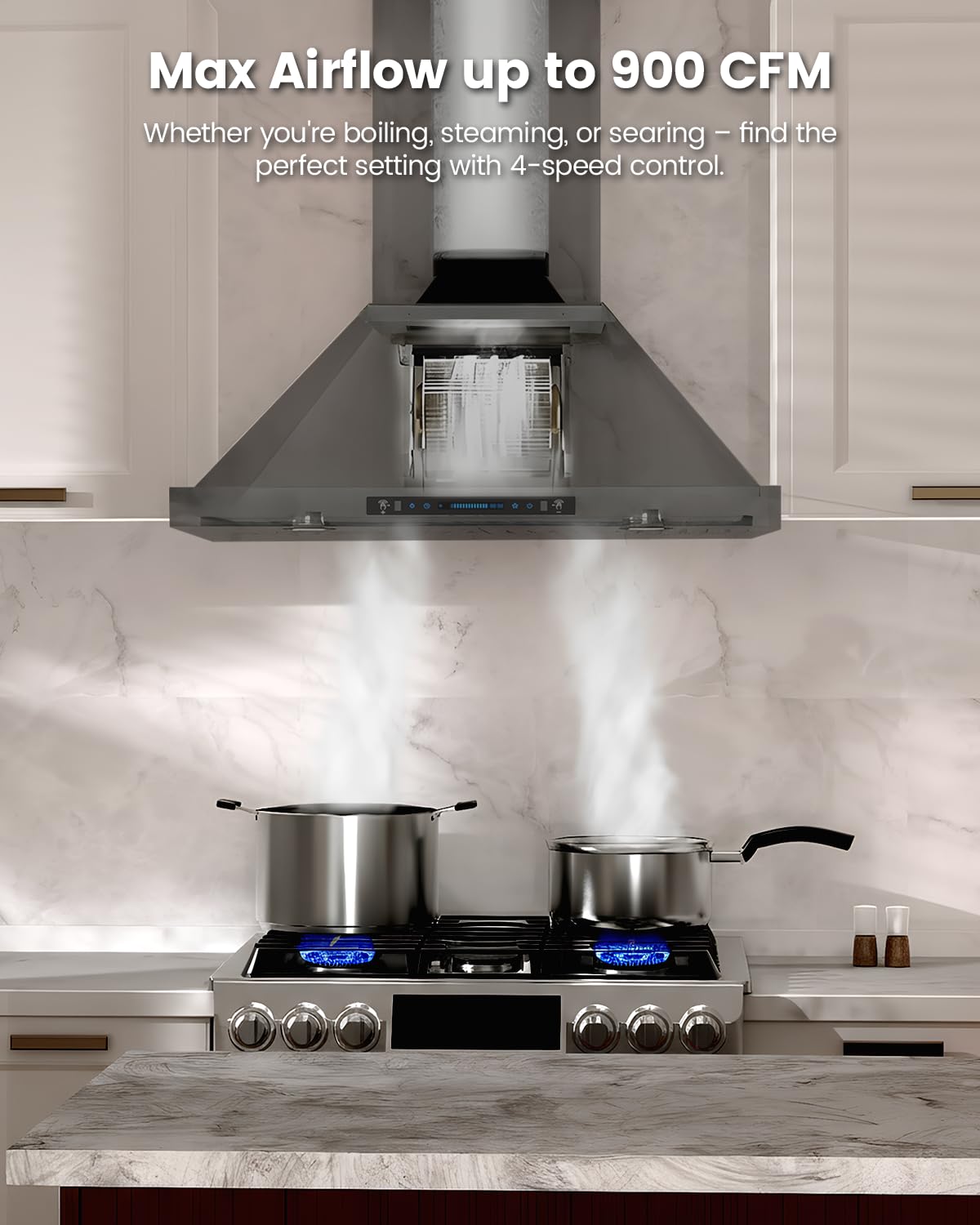 JOCO 30 Inch Black Wall Mount Range Hood, 900 CFM Stainless Steel Kitchen Chimney Vent Hood, Convertible for Ducted or Ductless Installation, 4-Speed Gesture/Touch/Remote Control P02-30G-B