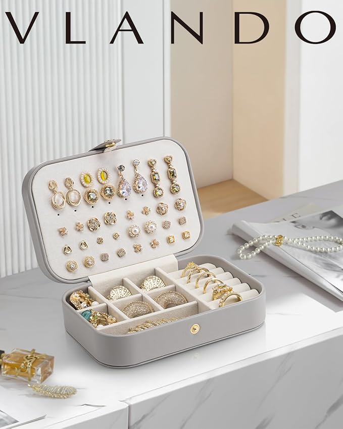 VLANDO Travel Jewelry Case, PU Leather Travel Jewelry Box with Earring Holder, Portable Display Small Jewelry Box for Mothers Day Women Girls Gift - Grey
